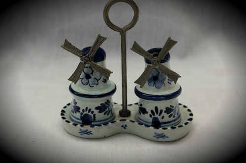 Blue and white Dutch salt and pepper set on stand -small chip on stand and on bottom 90x90x46mm