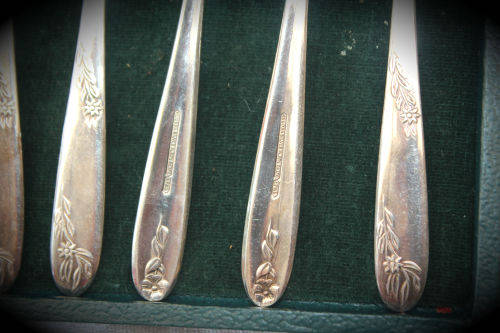 6 Vintage Angora Silver Plated Pastry / Cake Forks & Server in origanal box -box hinge need a pin