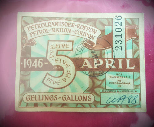 1946 April 5 Gallons- Petrol Ration Coupon - Petrolrantsoen Koepon (see all my CRAZY R1 Auctions)