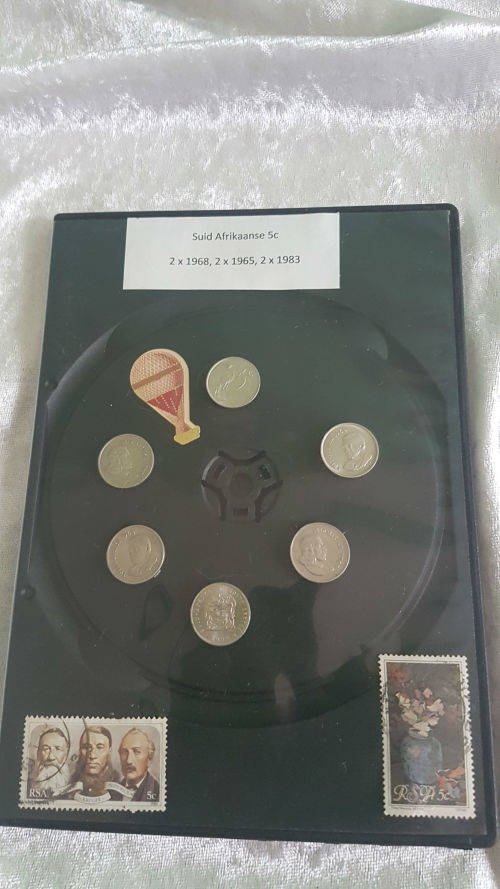 South Africa Coin and Stamp Combo-5 cents 1965 x2,1968 x2,and 1983 x 2 and stamps(see all R1 auction