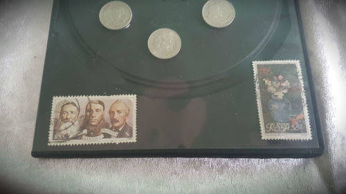 South Africa Coin and Stamp Combo-5 cents 1965 x2,1968 x2,and 1983 x 2 and stamps(see all R1 auction