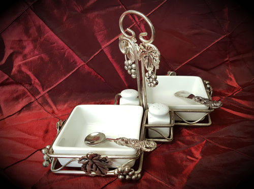 Vintage EPNS and Porcelain breakfast set -2 x Bowls , salt and peppar pots butter knife and spoon