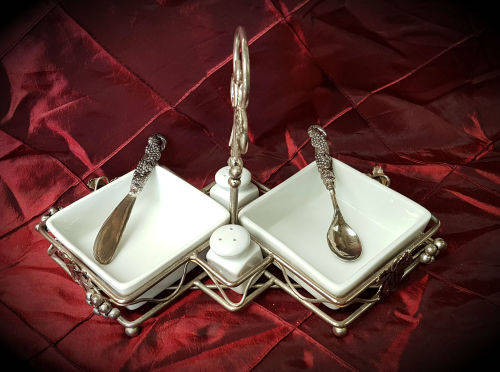 Vintage EPNS and Porcelain breakfast set -2 x Bowls , salt and peppar pots butter knife and spoon