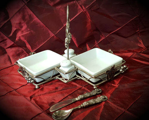 Vintage EPNS and Porcelain breakfast set -2 x Bowls , salt and peppar pots butter knife and spoon