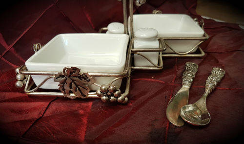 Vintage EPNS and Porcelain breakfast set -2 x Bowls , salt and peppar pots butter knife and spoon