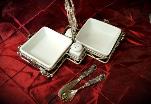 Vintage EPNS and Porcelain breakfast set -2 x Bowls , salt and peppar pots butter knife and spoon