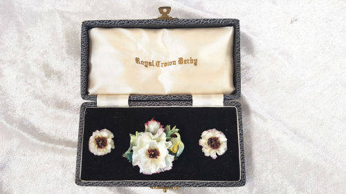 Vintage Royal Crown Derby Porcelain Earings and Brooch set in origanal box -made in England