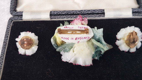 Vintage Royal Crown Derby Porcelain Earings and Brooch set in origanal box -made in England