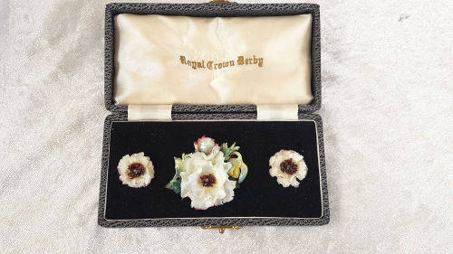 Vintage Royal Crown Derby Porcelain Earings and Brooch set in origanal box -made in England
