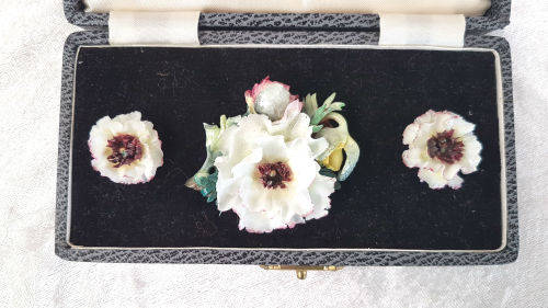 Vintage Royal Crown Derby Porcelain Earings and Brooch set in origanal box -made in England
