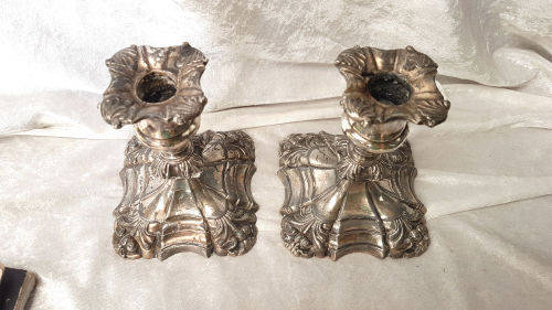 2 Vintage Coronet Plate E.P. Lead Heavy Candlestick Candle Holders- England 140x100mm 2,6kg