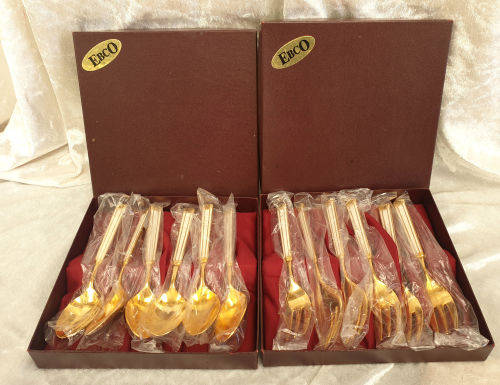 2 Vintage Gold Plated WHITE ENAMEL Boxed Sets of EBCO teaspoons and Cake Forks 12pc Unused