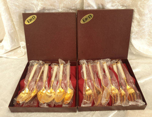 2 Vintage Gold Plated WHITE ENAMEL Boxed Sets of EBCO teaspoons and Cake Forks 12pc Unused