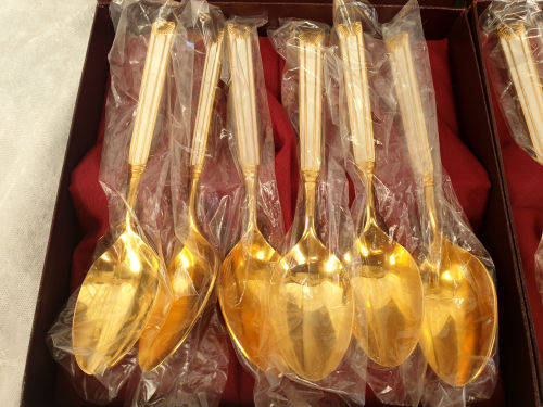 2 Vintage Gold Plated WHITE ENAMEL Boxed Sets of EBCO teaspoons and Cake Forks 12pc Unused