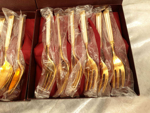 2 Vintage Gold Plated WHITE ENAMEL Boxed Sets of EBCO teaspoons and Cake Forks 12pc Unused