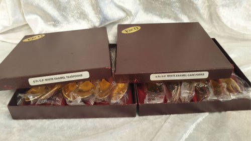 2 Vintage Gold Plated WHITE ENAMEL Boxed Sets of EBCO teaspoons and Cake Forks 12pc Unused