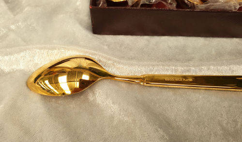 2 Vintage Gold Plated WHITE ENAMEL Boxed Sets of EBCO teaspoons and Cake Forks 12pc Unused