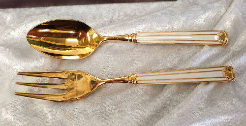 2 Vintage Gold Plated WHITE ENAMEL Boxed Sets of EBCO teaspoons and Cake Forks 12pc Unused