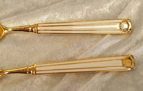 2 Vintage Gold Plated WHITE ENAMEL Boxed Sets of EBCO teaspoons and Cake Forks 12pc Unused