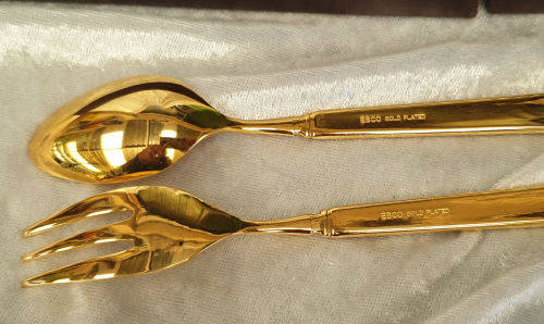 2 Vintage Gold Plated WHITE ENAMEL Boxed Sets of EBCO teaspoons and Cake Forks 12pc Unused