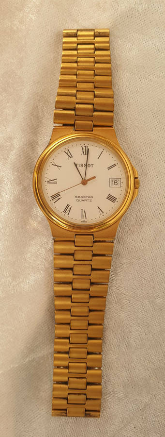TISSOT SEASTAR D361A MENS Swiss WATCH (working) GOLD, Metal STRAP, plating worn around back cover