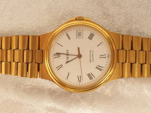 TISSOT SEASTAR D361A MENS Swiss WATCH (working) GOLD, Metal STRAP, plating worn around back cover