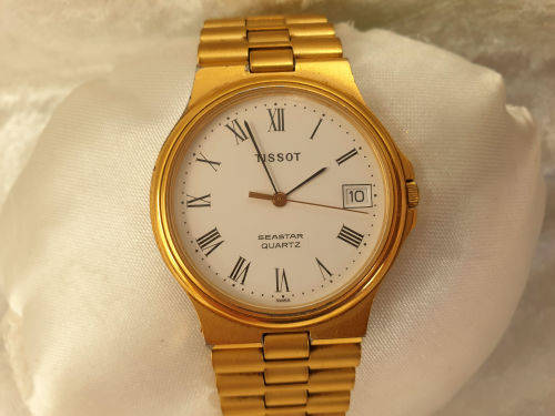 TISSOT SEASTAR D361A MENS Swiss WATCH (working) GOLD, Metal STRAP, plating worn around back cover