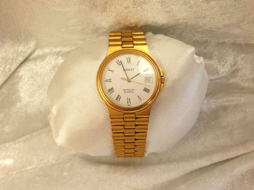 TISSOT SEASTAR D361A MENS Swiss WATCH (working) GOLD, Metal STRAP, plating worn around back cover