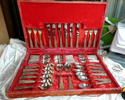 44 pc Antique/ Vintage German Silver (G.Silver) Cutlery set in Cabinet