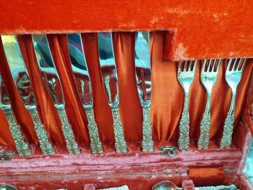 44 pc Antique/ Vintage German Silver (G.Silver) Cutlery set in Cabinet