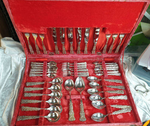 44 pc Antique/ Vintage German Silver (G.Silver) Cutlery set in Cabinet