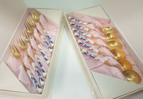 Beautiful Korean 12 Pc Gold Plated Spoons and Cakeforks with Porcelain Handles unused - Boxed