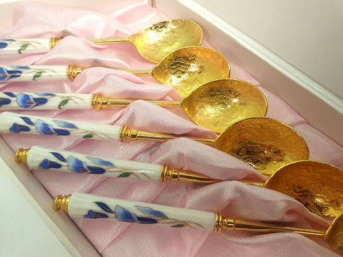 Beautiful Korean 12 Pc Gold Plated Spoons and Cakeforks with Porcelain Handles unused - Boxed