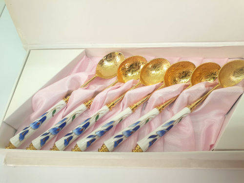 Beautiful Korean 12 Pc Gold Plated Spoons and Cakeforks with Porcelain Handles unused - Boxed
