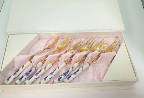 Beautiful Korean 12 Pc Gold Plated Spoons and Cakeforks with Porcelain Handles unused - Boxed