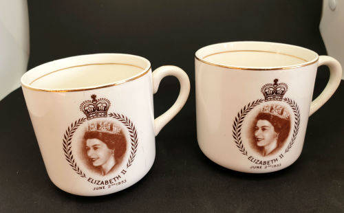 2 Vintage Mid winter June 2nd 1953 Elizabeth II Coronation Cups - One Cracked