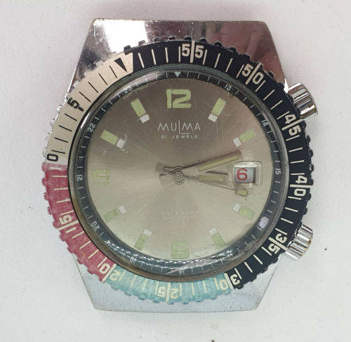 Rare Vintage Swiss Made MuLma watch 21 jewels 5ATM electronically Timed -Working -no strap