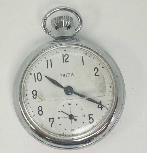 Vintage Smiths Mens Pocket Watch - working - Lens has a crack -Made in England