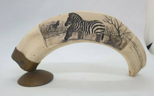 Zebra artwork on Warthog tooth on Brass stand