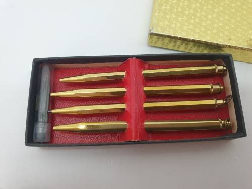 4 Vintage Brass mechanical  GAMES pencils in Box with 0,8mm leads -extra Leads included