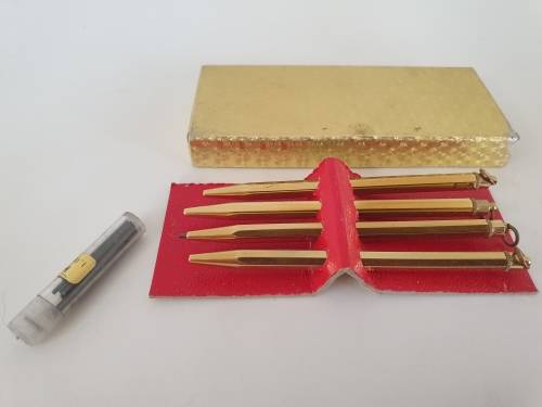 4 Vintage Brass mechanical  GAMES pencils in Box with 0,8mm leads -extra Leads included