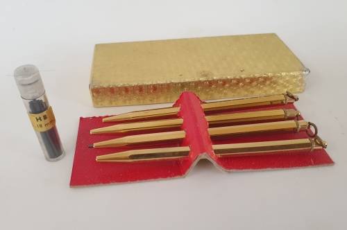 4 Vintage Brass mechanical  GAMES pencils in Box with 0,8mm leads -extra Leads included