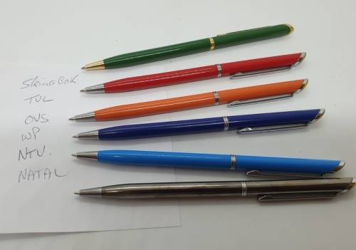 Vintage Set of 6 Slimline ballpoint Rugby pens Springboks,TVL,NTVL,OVS,Natal and WP Logos