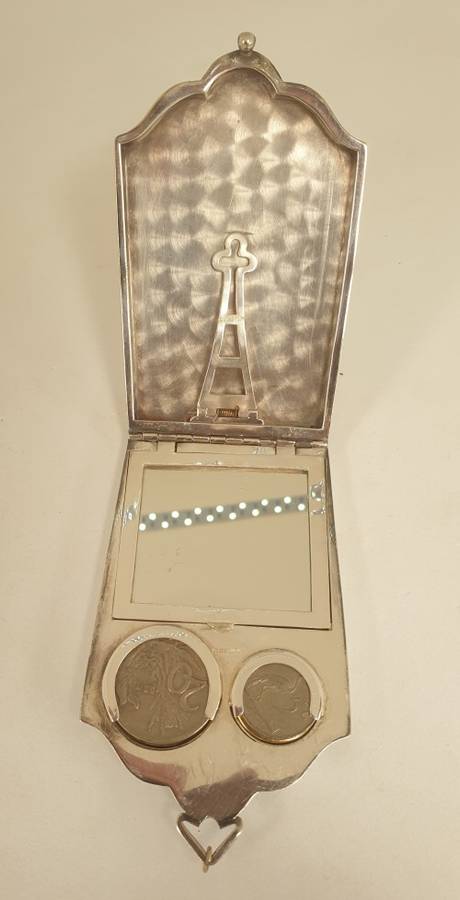 Rare Antique silver plated coin or change purse with Mirror- 2 old coins included