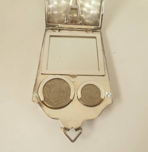 Rare Antique silver plated coin or change purse with Mirror- 2 old coins included
