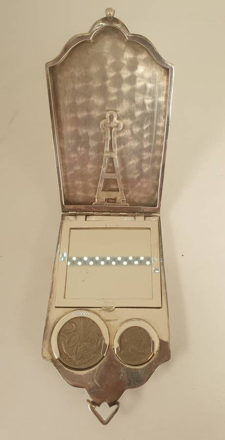 Rare Antique silver plated coin or change purse with Mirror- 2 old coins included