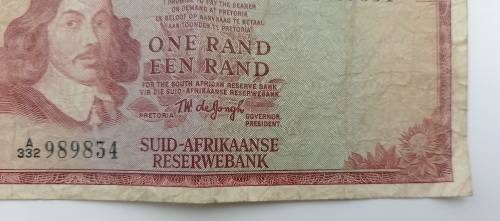 1973 1 Rand -English - Afrikaans - T.W. De jongh-Springbok Watermark