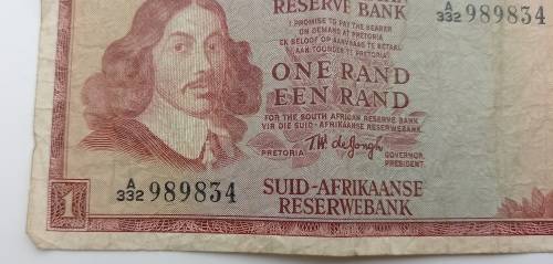 1973 1 Rand -English - Afrikaans - T.W. De jongh-Springbok Watermark