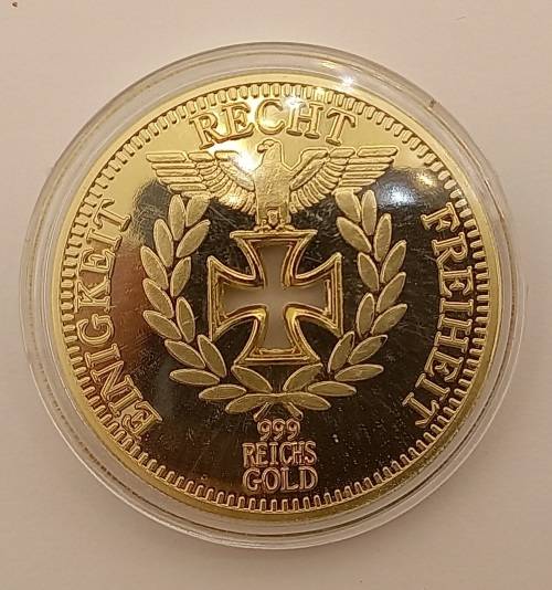 Rare Collectable 24k Gold Plated Nazi Eagle + Iron Cross Coin Reichsbank Germany in Capsule