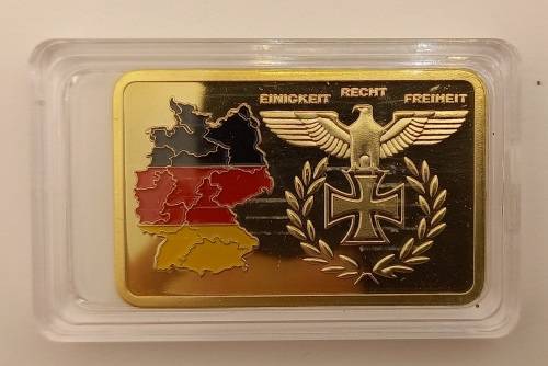 Collectable 24k Gold Plated Nazi Eagle + Iron Cross Bar Germany in Capsule 44x3mm